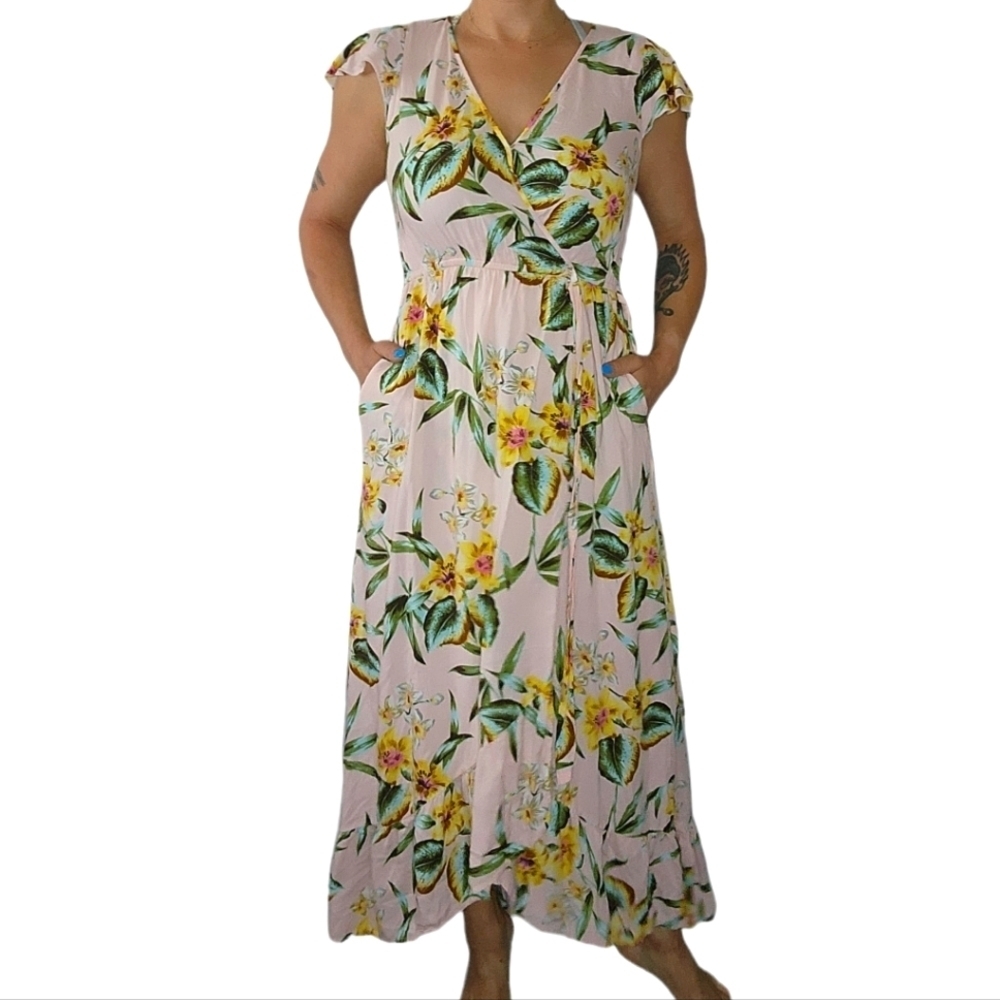 BOG Collective Floral Cap Sleeve Lined Faux Wrap Midi Dress Size Small Pink